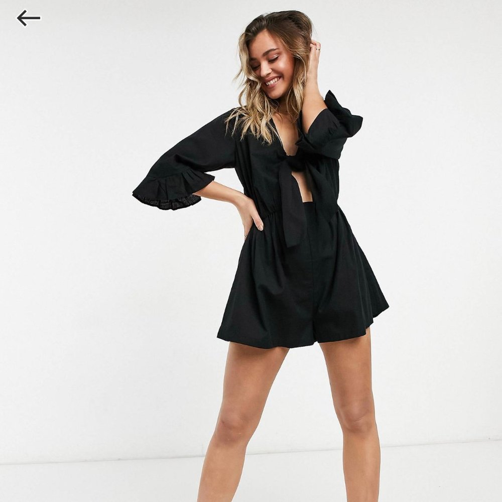ASOS DESIGN Tall knot front ruffle sleeve romper in black US 6 - Picture 4 of 8
